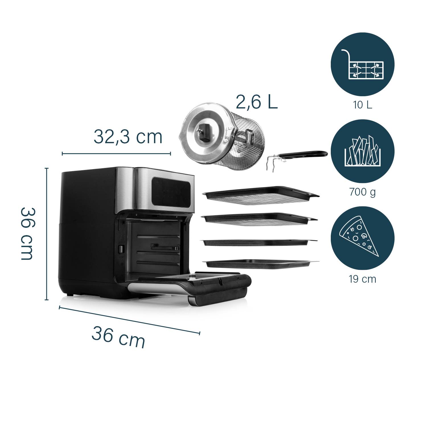 Een zwarte heteluchtfriteuse-oven van 36 cm hoog met uitneembare inzetstukken en toebehoren. Afmetingen: 32,3 cm diep, 36 cm breed.