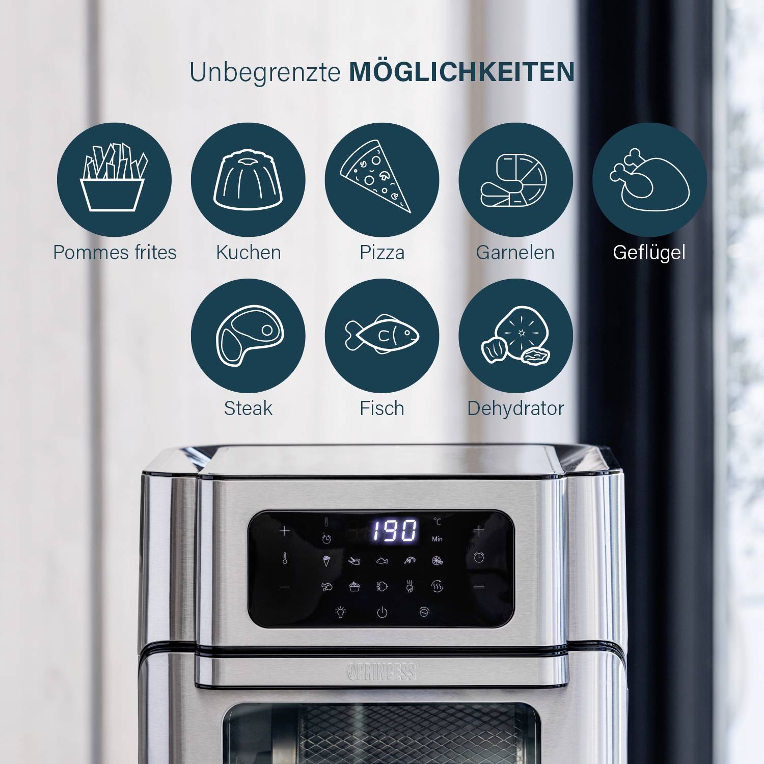 Keuken met heteluchtfriteuse, display toont '190'. Symbolen bovenaan illustreren kookprogramma's: Frietjes, Cake, Pizza, Garnalen, Gevogelte, Steak, Vis, Dehydrator.