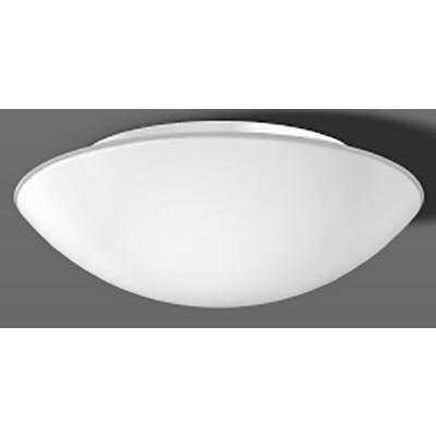 Plafondlamp met een ronde, witte lampenkap, gemonteerd aan een grijze plafond. Strak, modern design.