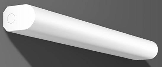 Een langwerpige, witte LED-lamp op een grijze achtergrond, geschikt voor plafondmontage.