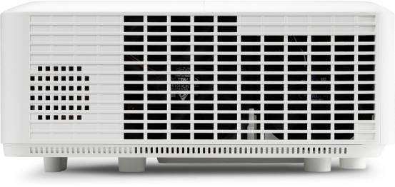 Vooraanzicht van een witte projector met zichtbare ventilatiesleuven en steunpoten.