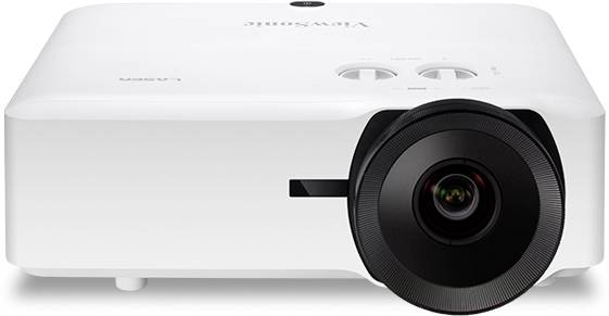 Witte projector met een grote lens aan de voorkant, twee draaiknoppen en merknaam bovenaan, geschikt voor presentaties of thuisbioscoop.