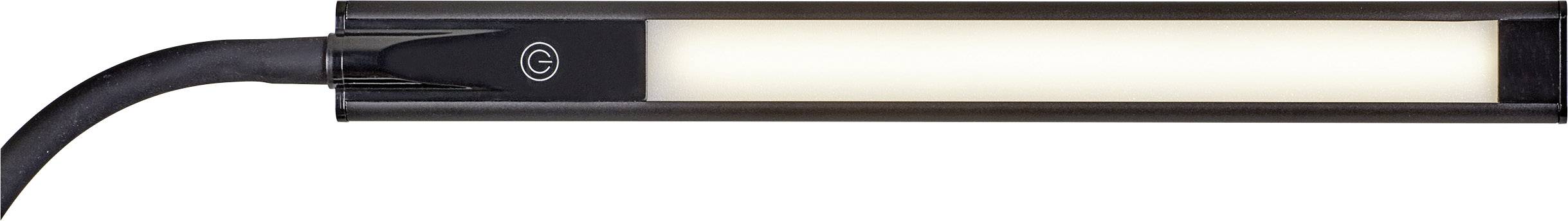 Een slanke, rechthoekige LED-lamp met een zwarte lijst en een aangesloten kabel, die warm wit licht uitstraalt.