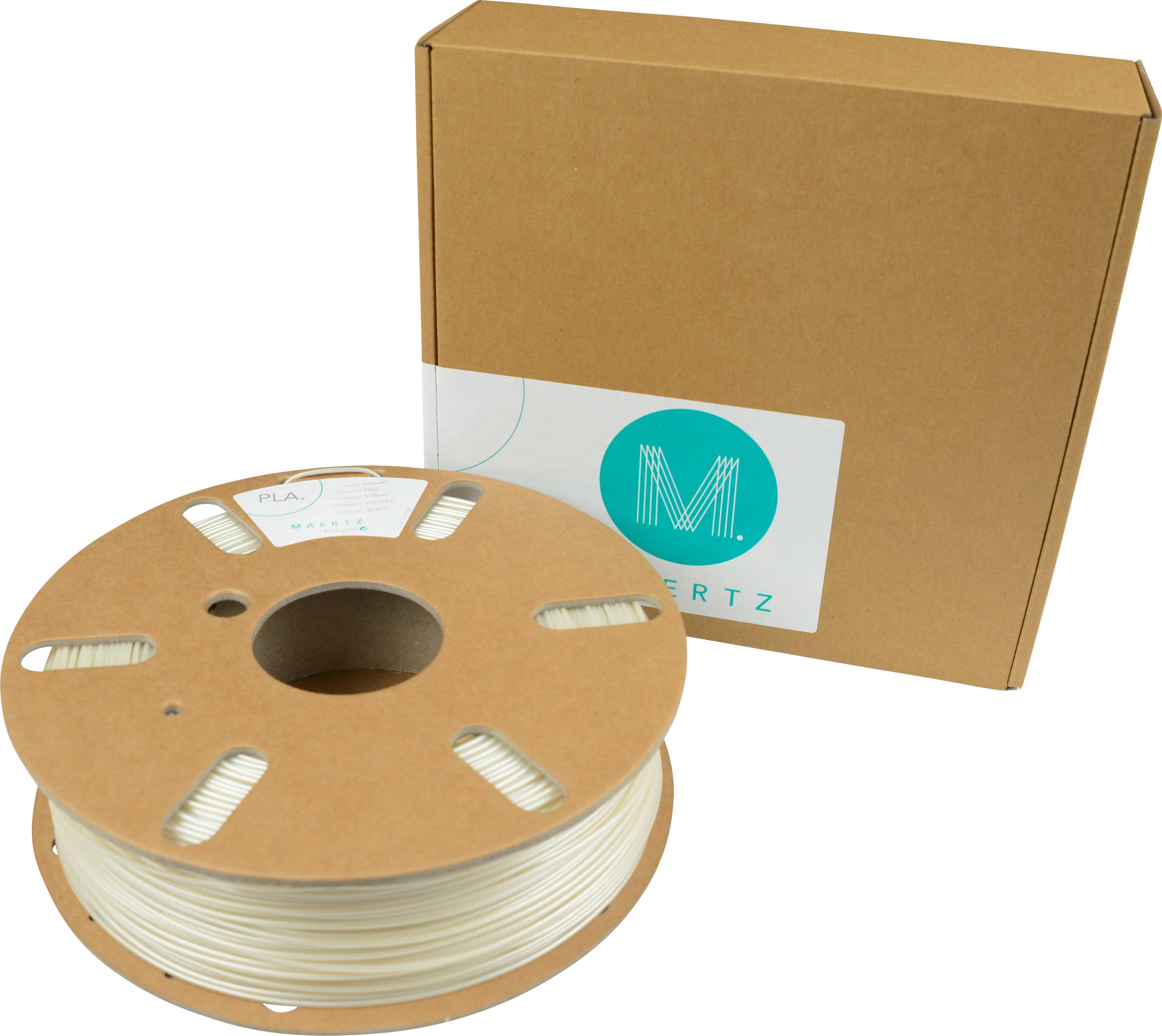 Een spoel met wit PLA-filament naast een bruine verpakking met het logo 'M'.