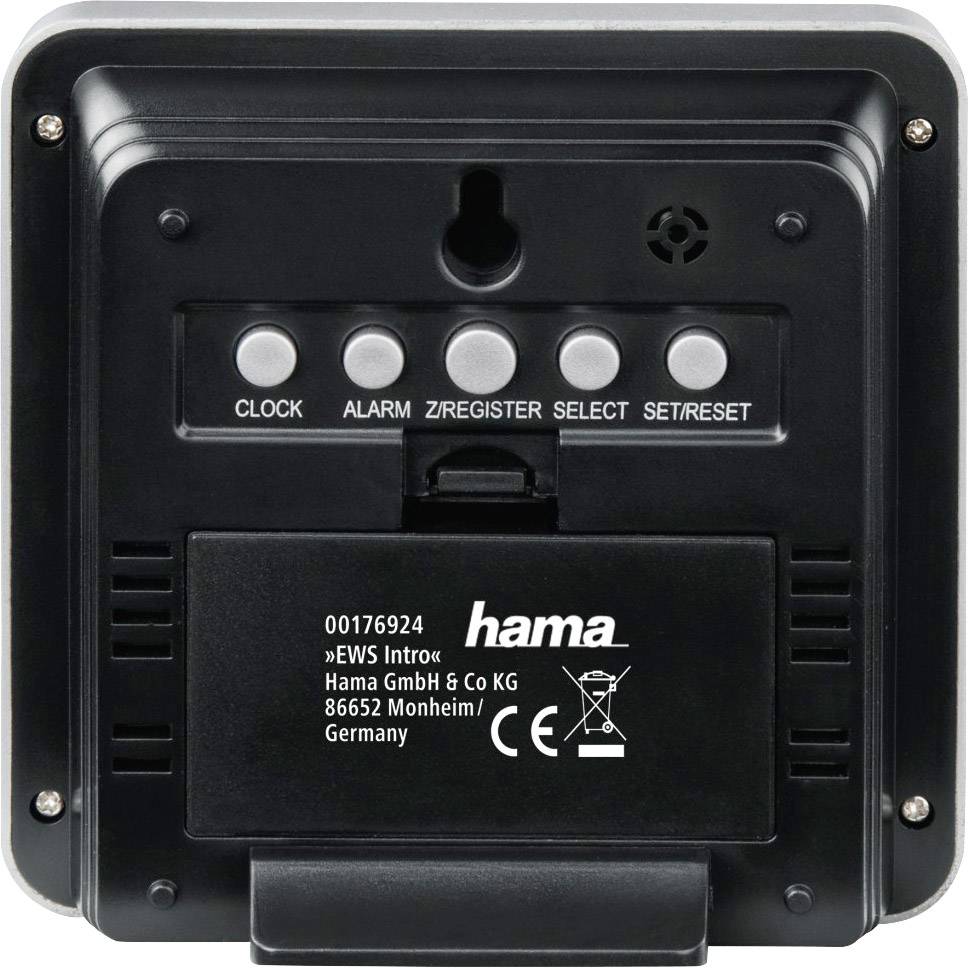 Achterkant van een digitale wekker met knoppen voor het instellen van tijd en alarm. Fabrikantgegevens zegel: Hama GmbH & Co KG.