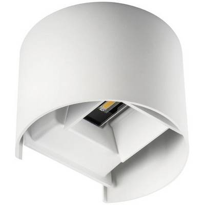 Witte wandlamp met een modern, halfcirkelvormig ontwerp en een centraal LED-licht.