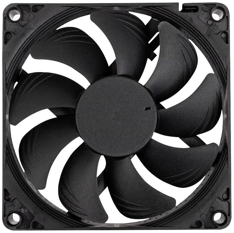 Zwarte computerventilator met negen schoepen in een vierkante behuizing, gefotografeerd van bovenaf.