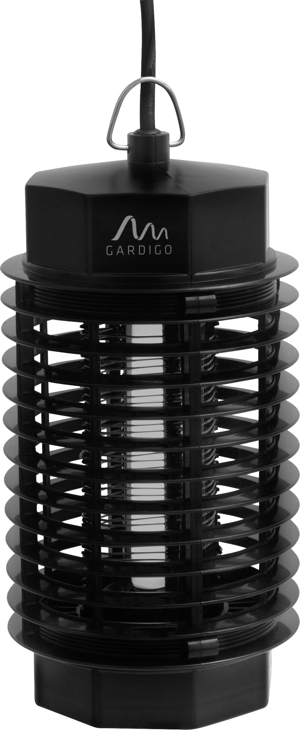 Een zwarte elektrische insectenverdelger met spiraalvormig beschermrooster en ophangmechanisme. Geschikt voor binnenshuis.