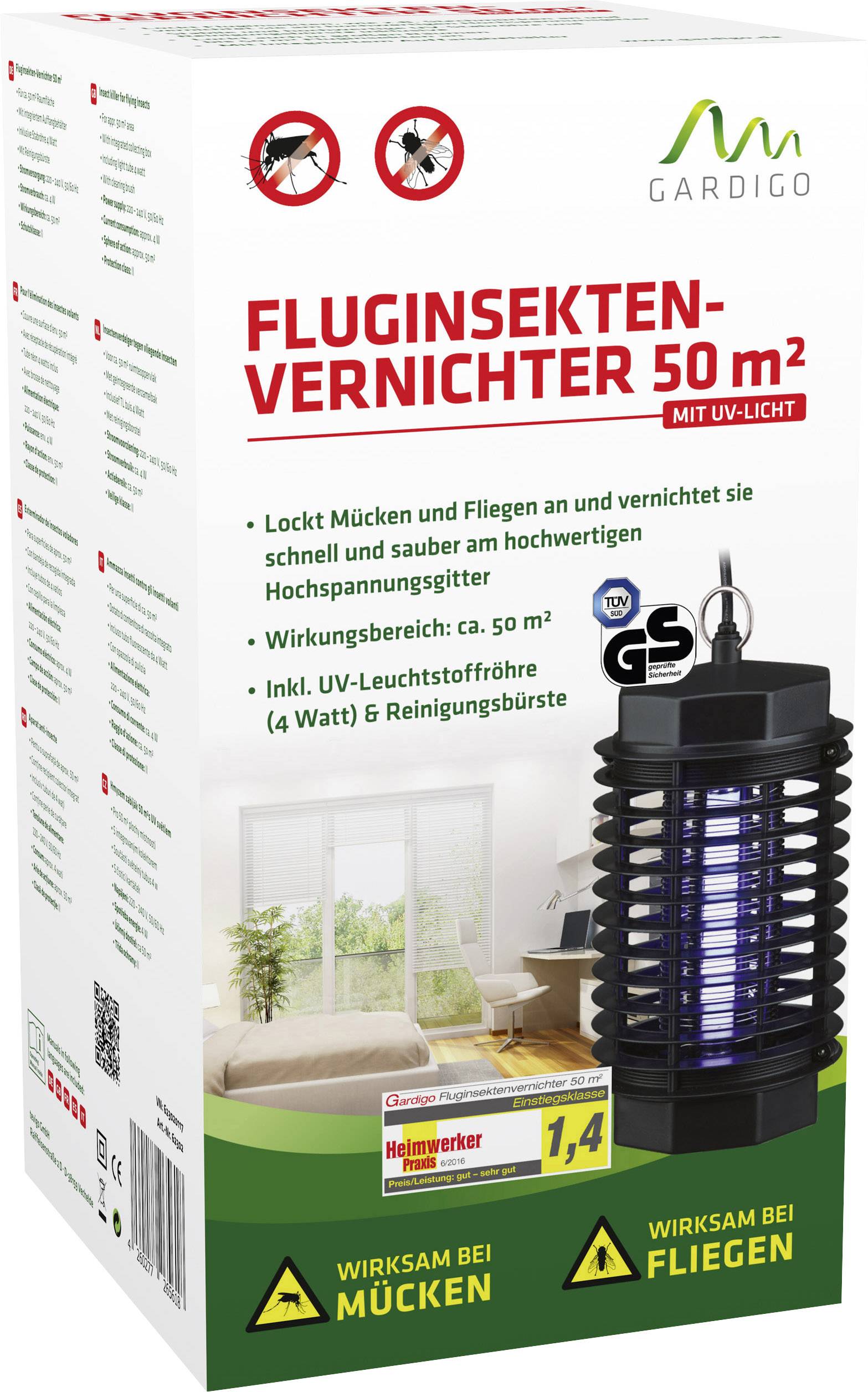 Verpakking van een vliegende insectenverdelger voor 50 m² met UV-licht. Belooft effectieve bestrijding van muggen en vliegen.