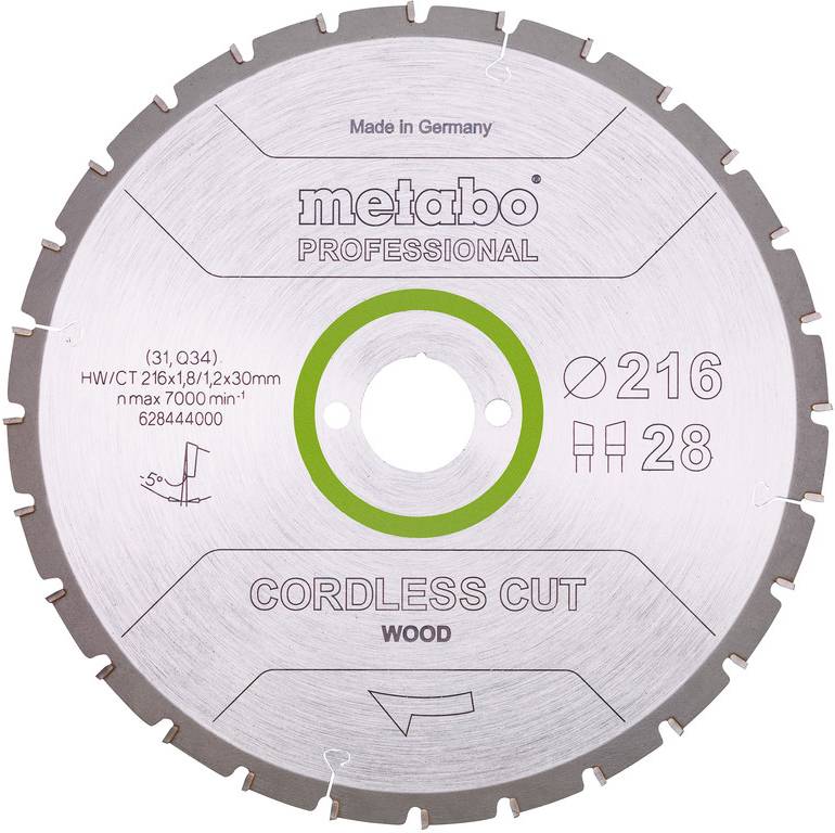 Metabo Professional accuboormachine zaagblad voor hout, diameter 216 mm, 28 tanden, gemaakt in Duitsland.