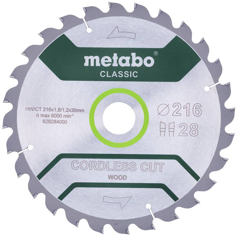 Metabo Classic draadloze snijhout cirkelzaagblad, 216 mm diameter met 28 tanden.