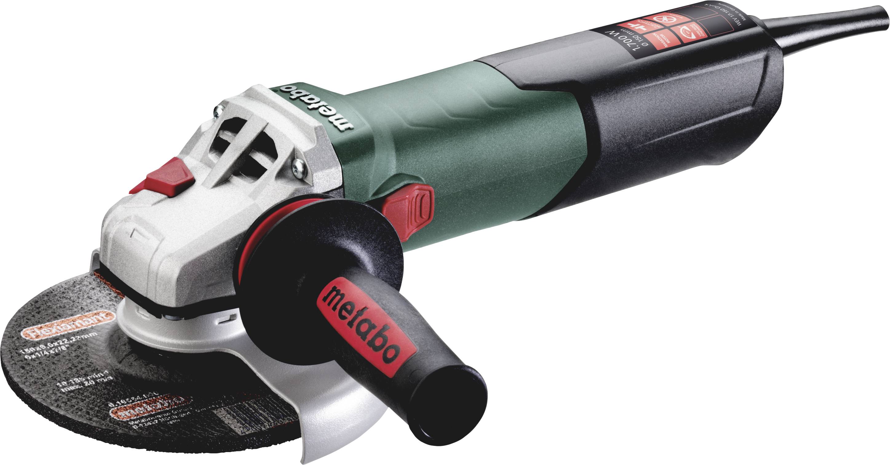 Een groene elektrische haakse slijpmachine van Metabo met rode schakelaar en beschermkap. Geschikt voor metaal- en steenbewerking.
