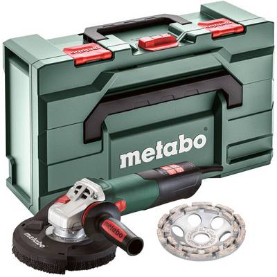 Metabo haakse slijper set met groene draagtas, stofkap en diamanten cupschijf op witte achtergrond.
