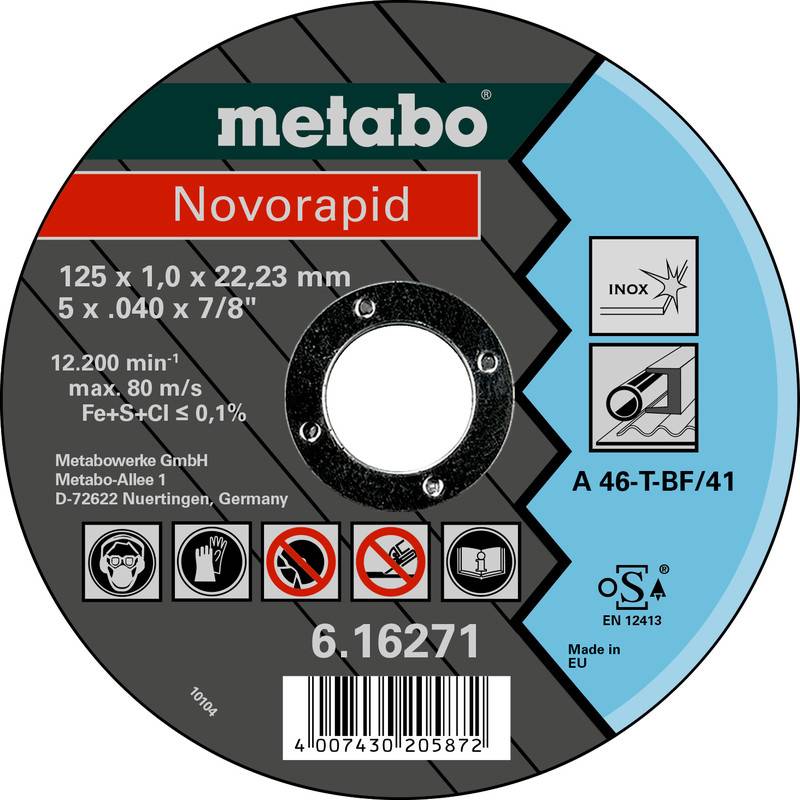 Metabo Novorapid afkortingswiel etiket met afmeting 125 x 1,0 x 22,23 mm, voor gebruik met roestvrij staal, productnummer 6.16271 en streepjescode.