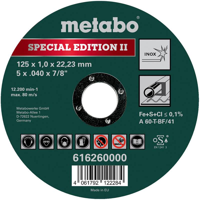 Metabo Special Edition II snijschijf etiket met afmeting 125 x 1,0 x 22,23 mm, gebruik voor roestvrijstaal, productnummer 616260000.