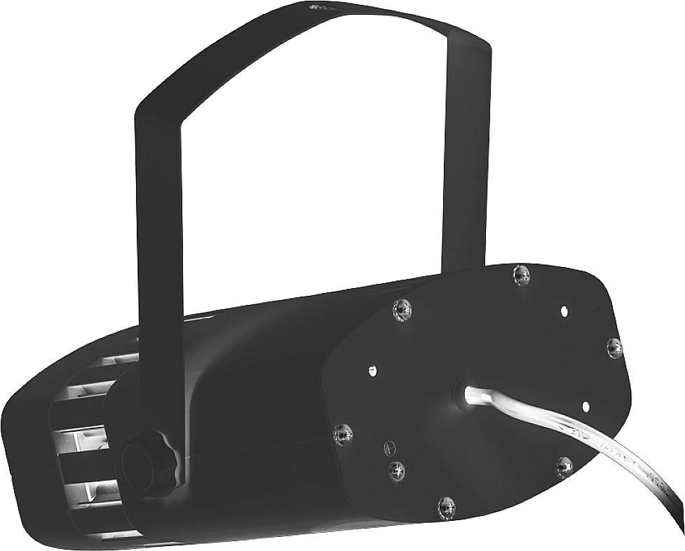 Een zwart elektrisch apparaat met een handgreep en een kabel die uit de achterkant steekt.