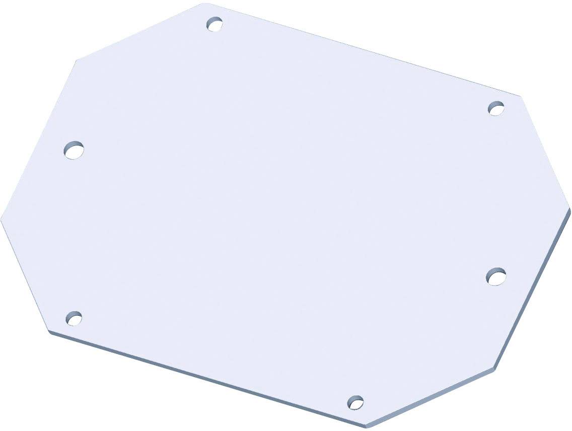 Een achthoekig, plat metalen stuk met zes gaten in de hoeken.
