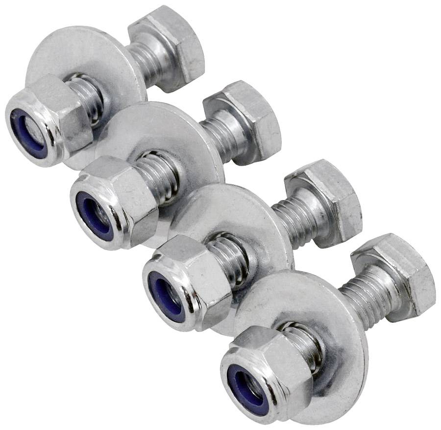 Vier metalen bouten met moeren en sluitringen op een rij gerangschikt.