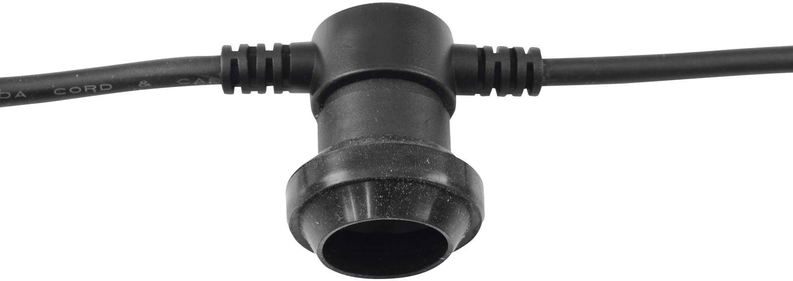 'Zwarte T-connector voor kabels, geschikt voor buitengebruik, maakt vertakking van elektrische leidingen mogelijk.'