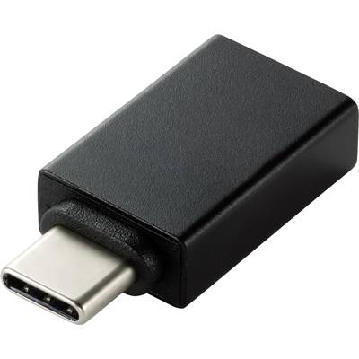 Een zwarte USB-C-adapter is afgebeeld die wordt gebruikt voor verbindingen met verschillende apparaten.