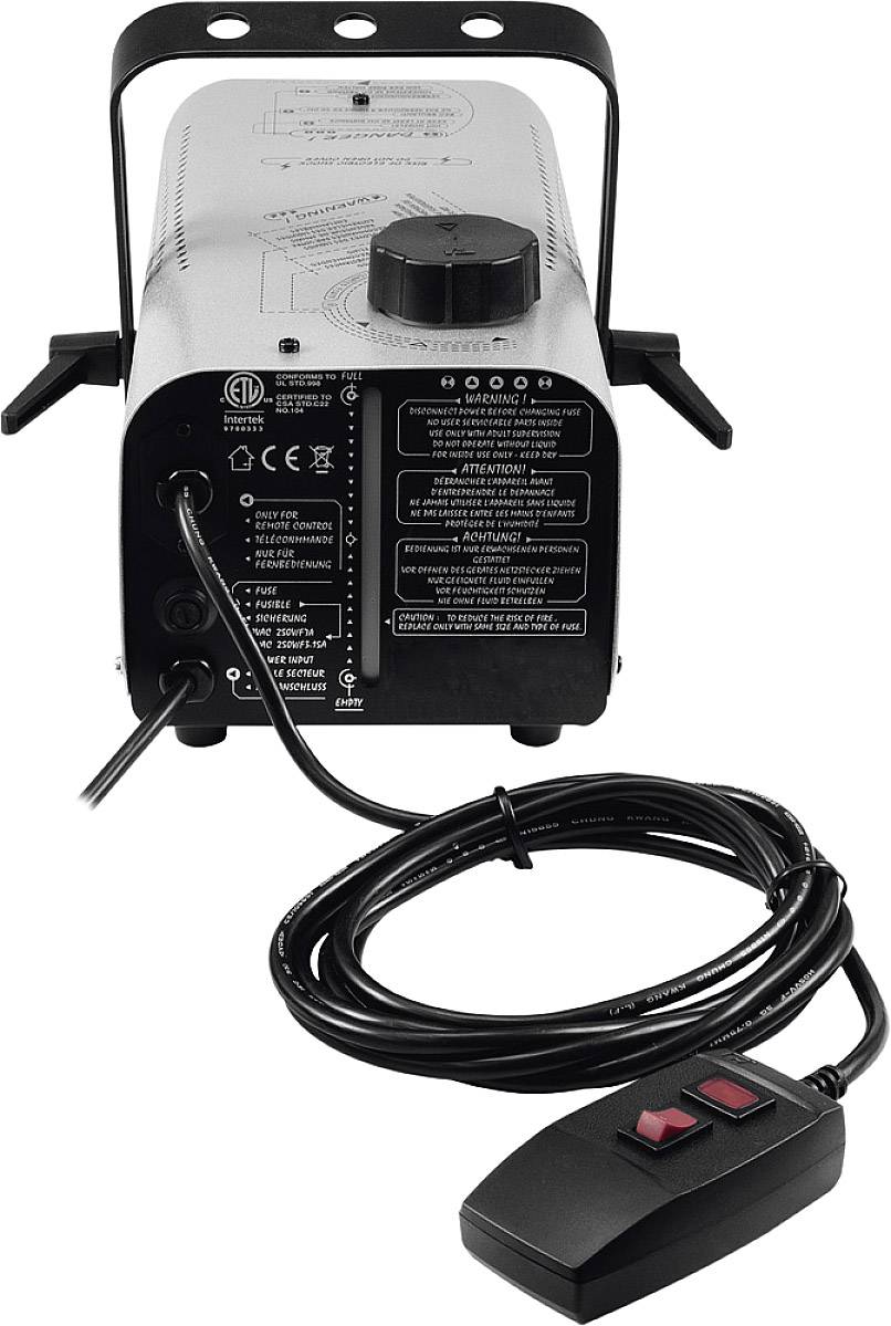 Een rookmachine met schakelaar en kabel. Hij beschikt over verschillende aansluitingen en veiligheidsinstructies op de achterkant.