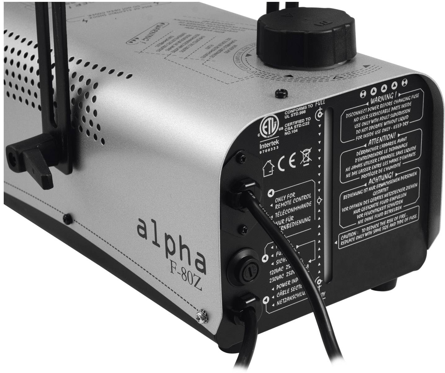 Achterkant van een rookmachine met stroomaansluiting, bedieningspaneel en veiligheidswaarschuwingen. Model 'alpha F-80Z'.