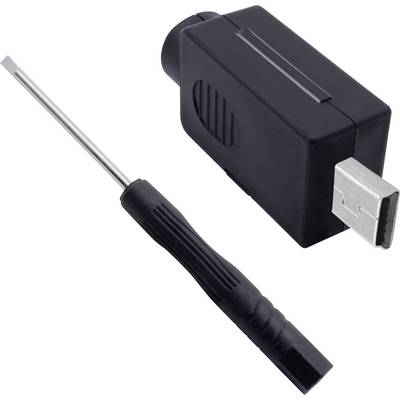 Een zwart adapterkabel met USB-stekker en een bijpassende schroevendraaier liggen naast elkaar op een wit oppervlak.