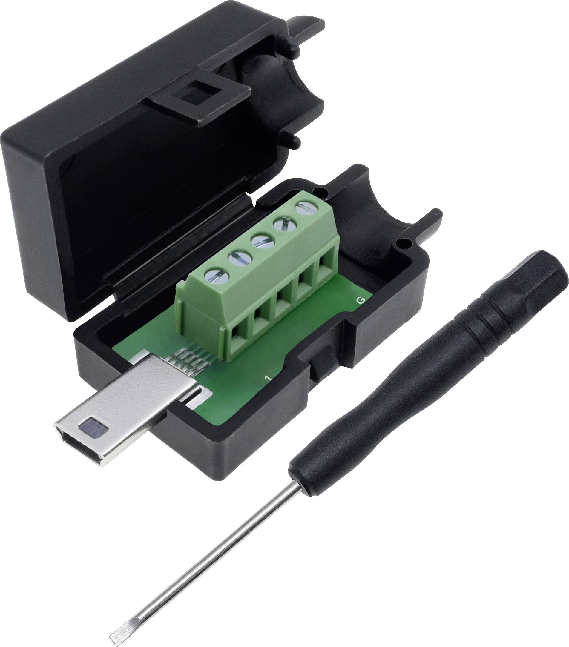 USB-adapter met open behuizing, toont pins en aansluitingen. Ernaast ligt een kleine schroevendraaier.