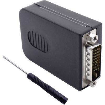 Een zwarte adapter met een VGA-stekker en een kleine schroevendraaier ernaast, geschikt voor technische aansluitingen.