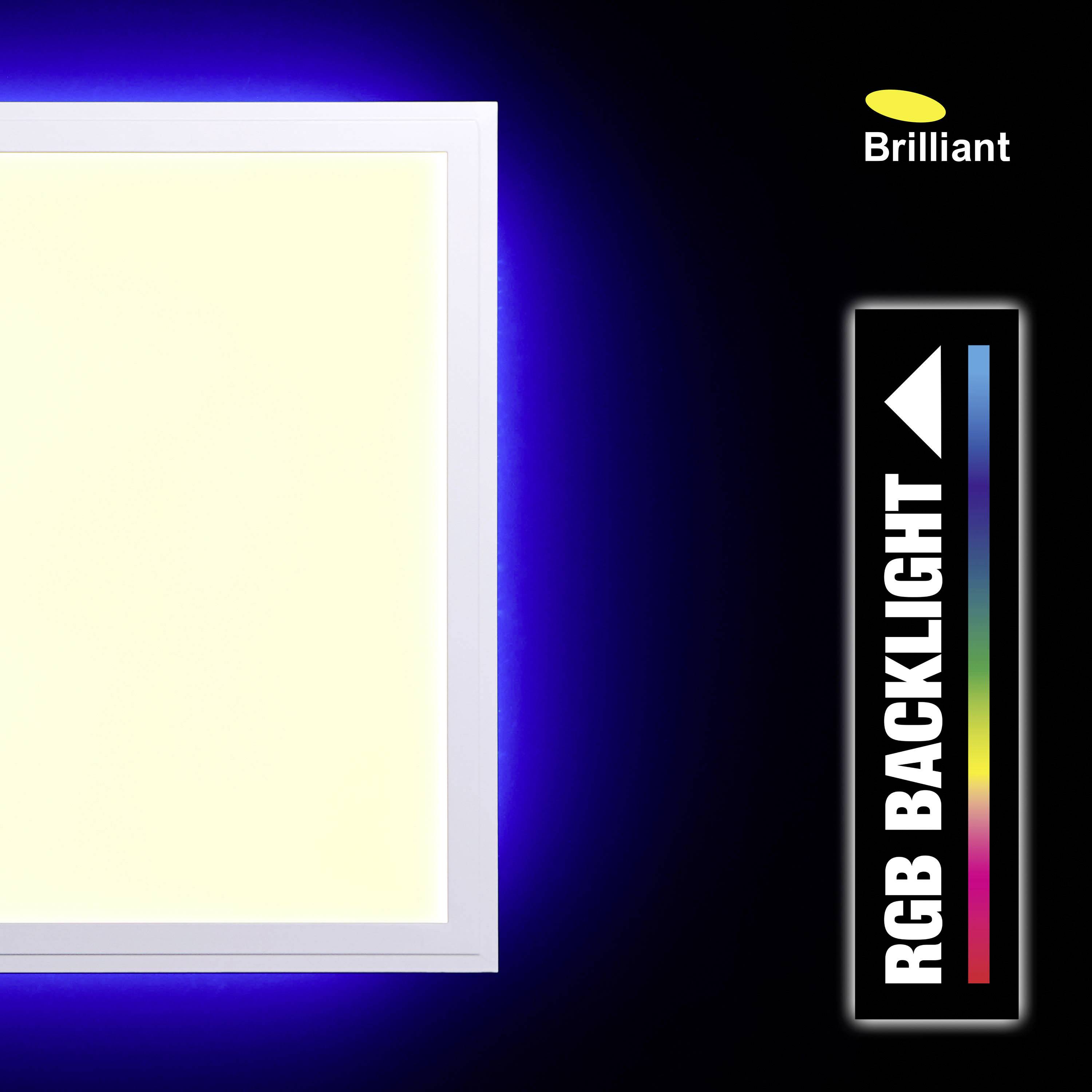 Lichtgevend vierkant paneel met RGB-achtergrondverlichting en de tekst 'RGB Backlight' aan de zijkant. Merknaam 'Brilliant' rechtsboven.