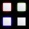 Vier vierkante panelen op een zwarte achtergrond, van linksboven naar rechtsonder: rood oplichtend, groen oplichtend, blauw oplichtend, geen oplichten.