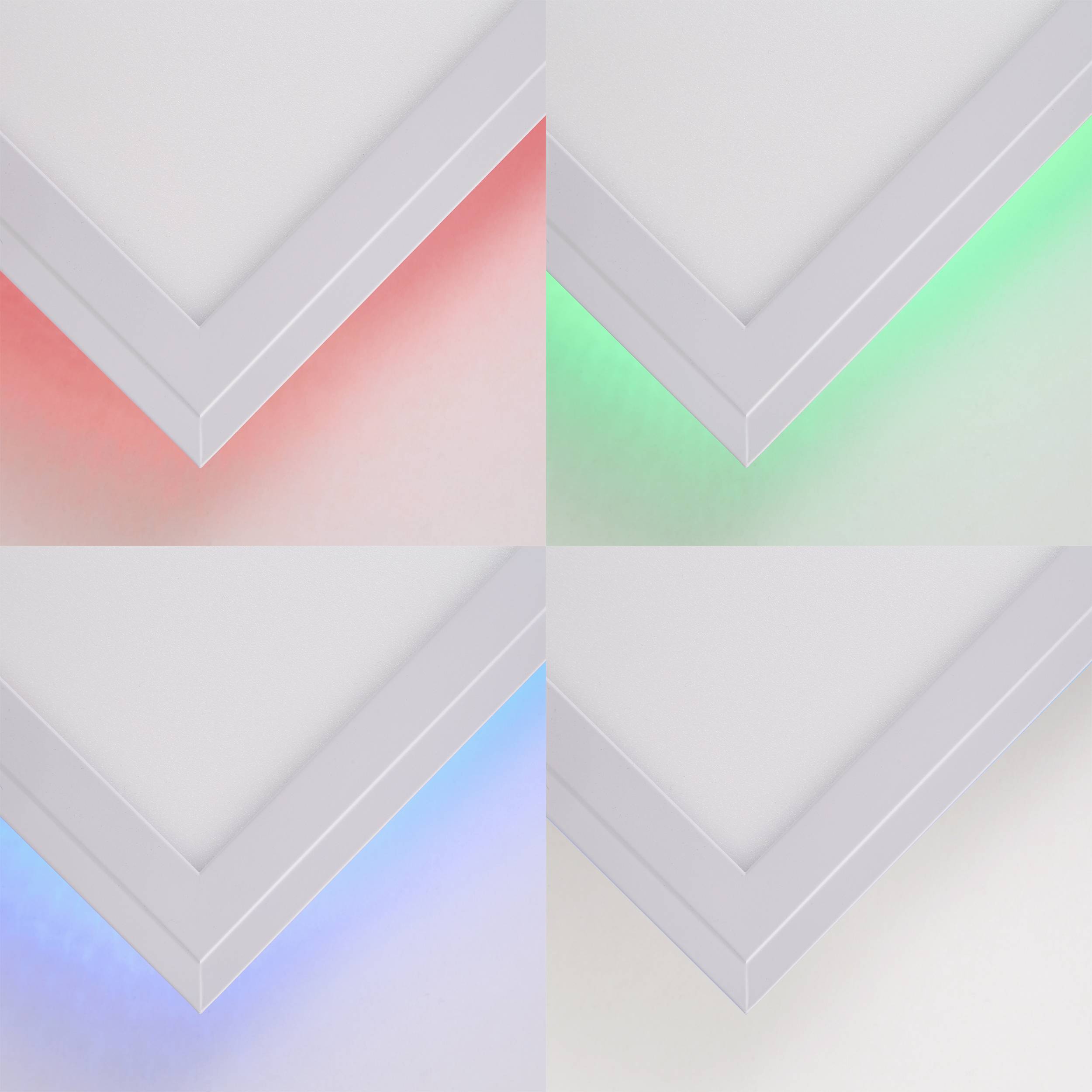 Vier witte vierkanten in een 2x2 opstelling; elke hoek licht op in verschillende kleuren: Rood, Groen, Blauw, en geen kleur.