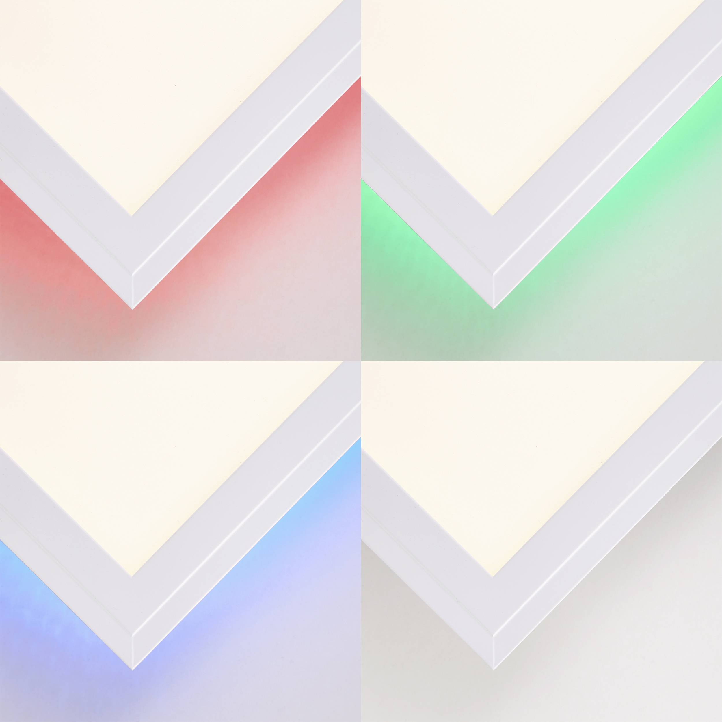 Vier afbeeldingen van witte lijsten met oplichtende LED's in rood, groen, blauw en een gemengde kleurschakering langs verschillende randen.