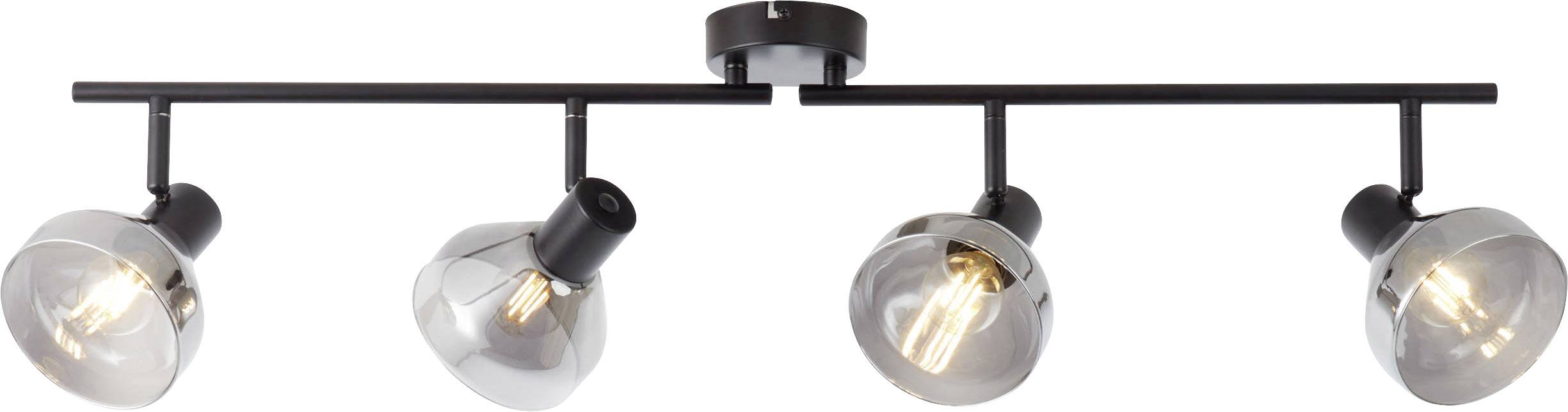 Vierstralende plafondspot met zwart metalen frame en transparante lampenkappen, verspreidt warm licht.