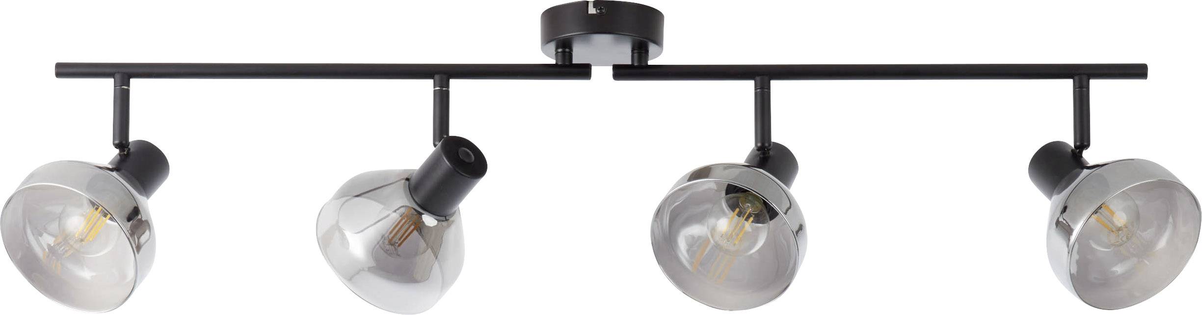 Zwarte plafondlamp met vier verstelbare lampen, gemonteerd in heldere glazen armaturen. Geschikt voor moderne interieurstijlen.