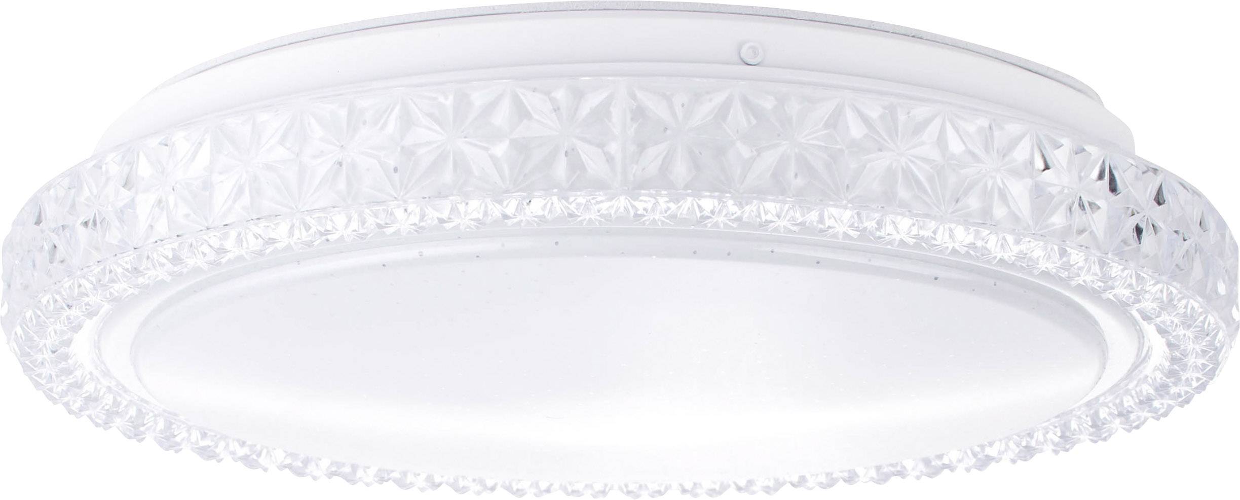 Een ronde plafondlamp met een kristalachtige rand die het licht breekt en een elegante uitstraling geeft.