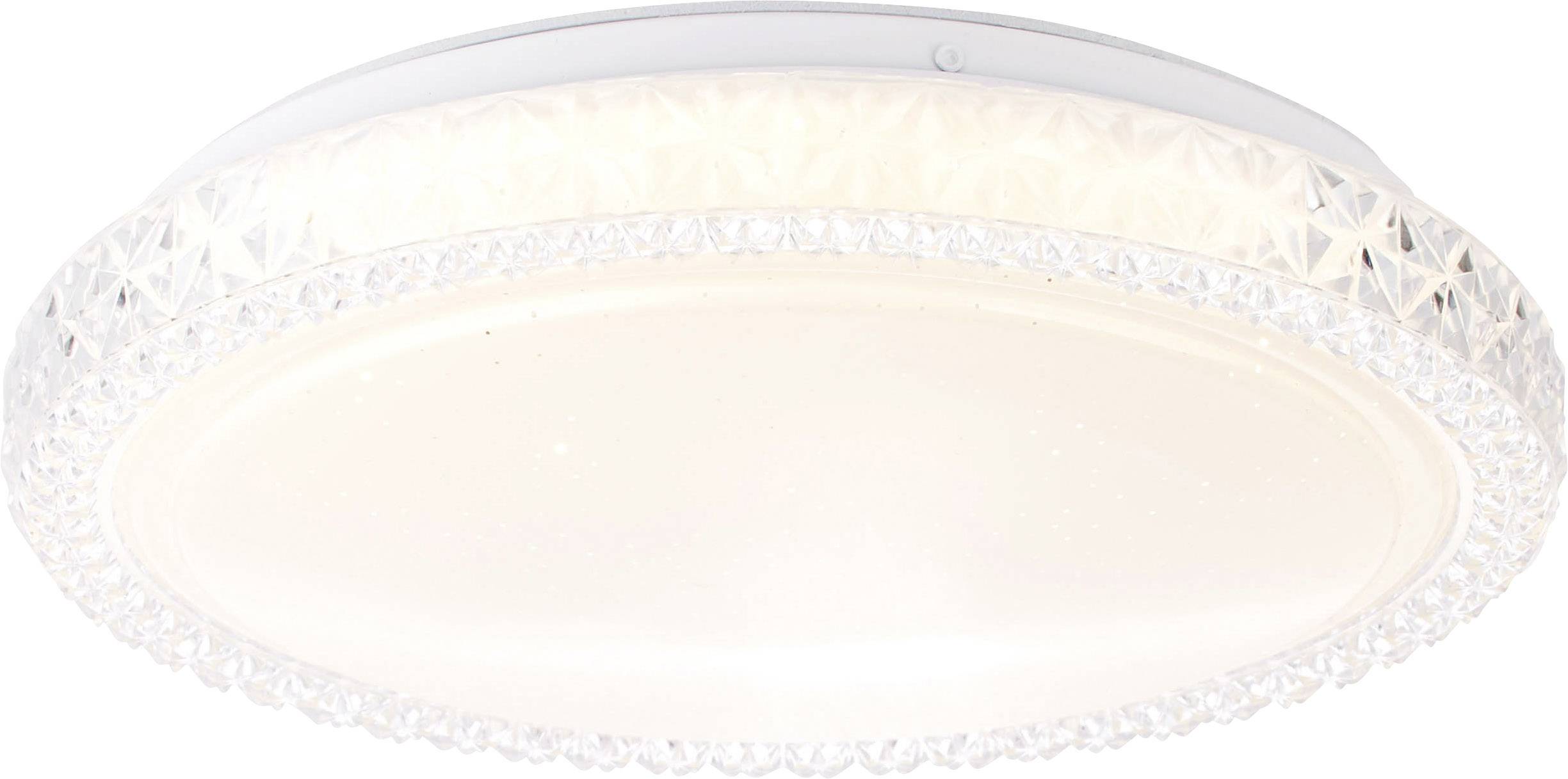 Ronde plafondlamp met een kristalachtige rand die een gelijkmatig, warm licht uitstraalt. Geschikt voor woon- of slaapkamers.