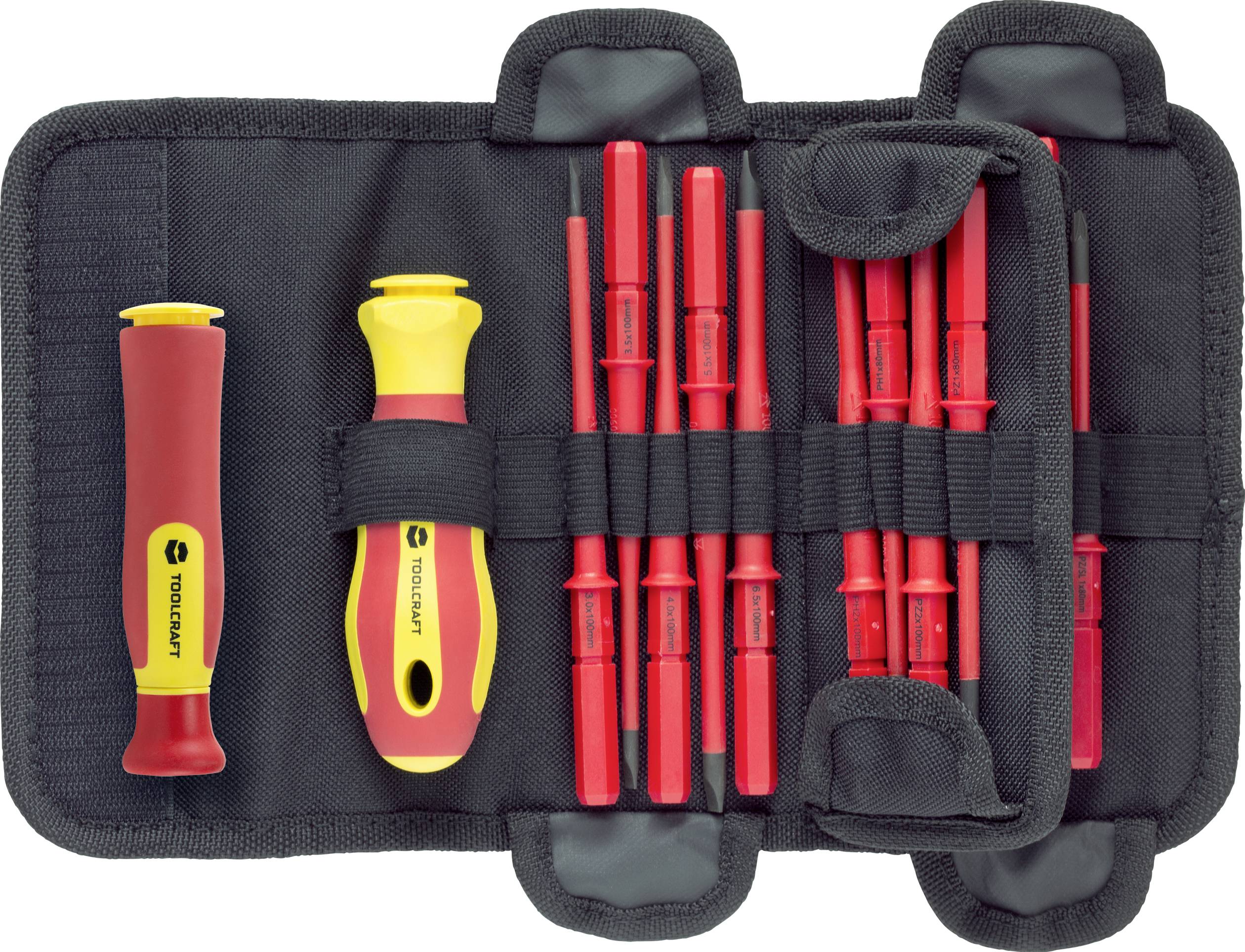 Een set geïsoleerde schroevendraaiers in een zwart etui. Links twee houders, rechts een rij rode gereedschappen.