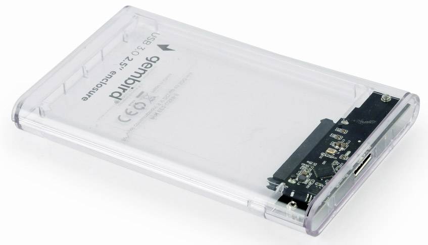 Externe behuizing voor 2,5-inch harde schijven, transparant design, USB 3.0-compatibel, met interfacekaart.