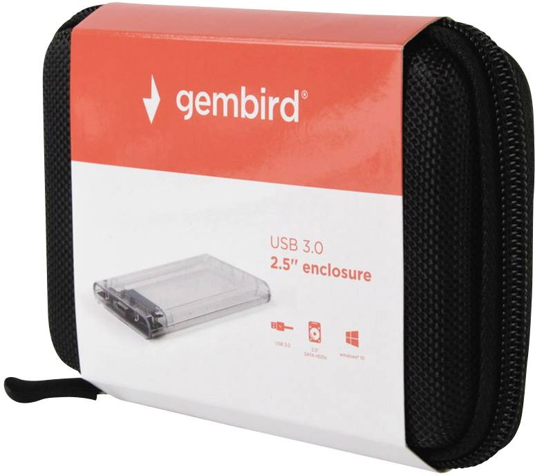 Zwart etui voor een 2,5-inch USB 3.0 behuizing van Gembird, verpakt in een rood-witte doos met tekst- en beelddetails.