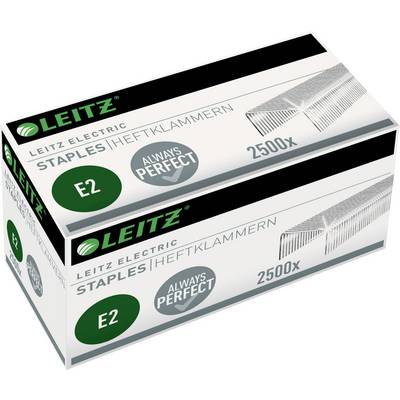 Een verpakking met 2500 Leitz E2 nietjes voor elektrische nietmachines, voorzien van het opschrift 'Always Perfect'.
