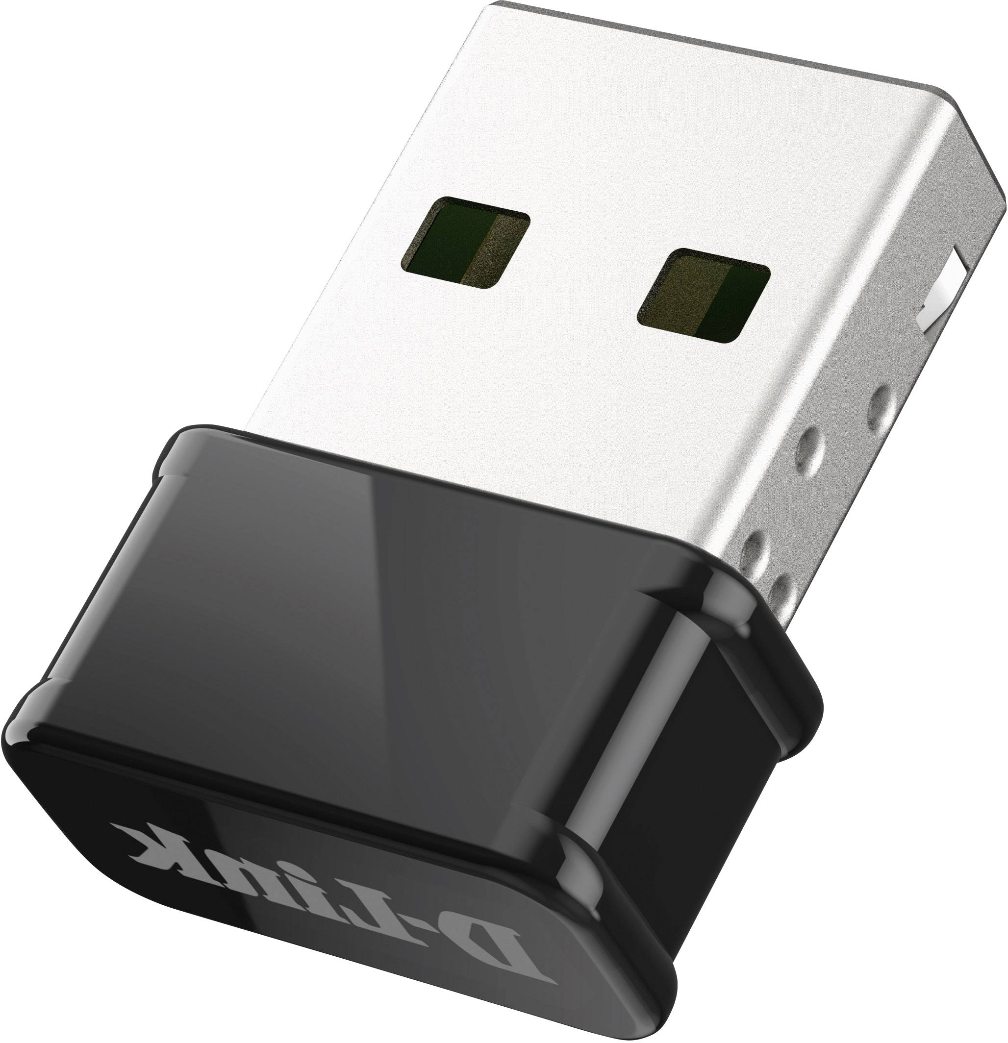 Een kleine USB-adapter met "D-Link"-logo op een zwarte behuizing, geschikt voor draadloze netwerkverbindingen op computers.
