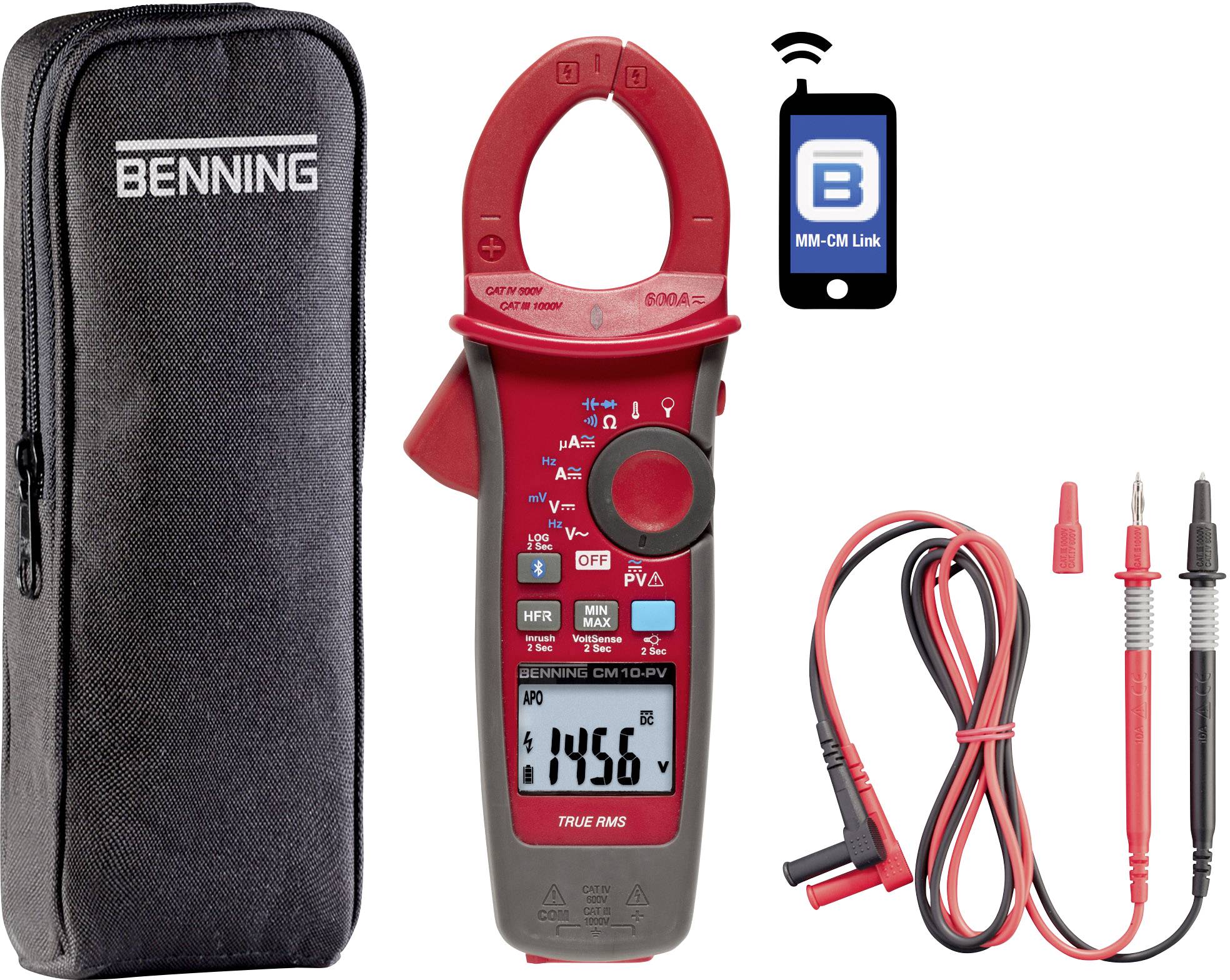 Multimeter met koffer, rode tangmeter, digitaal display toont '1456', Bluetooth-verbindingssymbool rechtsboven.