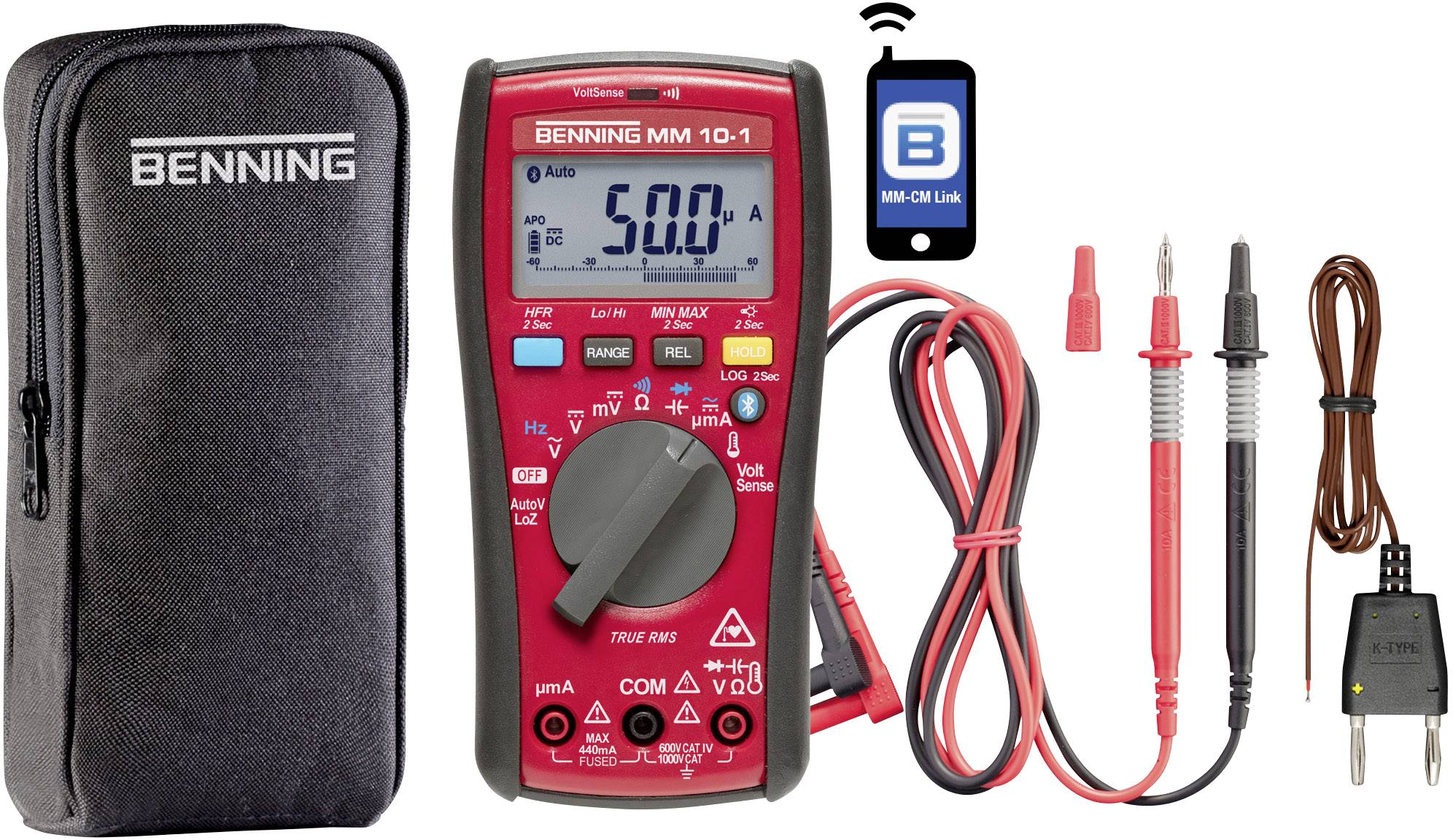 Multimeter met toebehoren: rode en zwarte meetkabels, adapters en oplaadkabel, inclusief draagtas. Display toont 5,00 A.