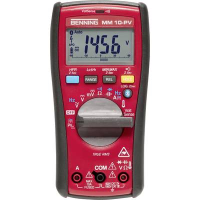 Rode multimeter met digitale weergave toont '1456 V'. Draaiknop in het midden voor het selecteren van verschillende meetfuncties.