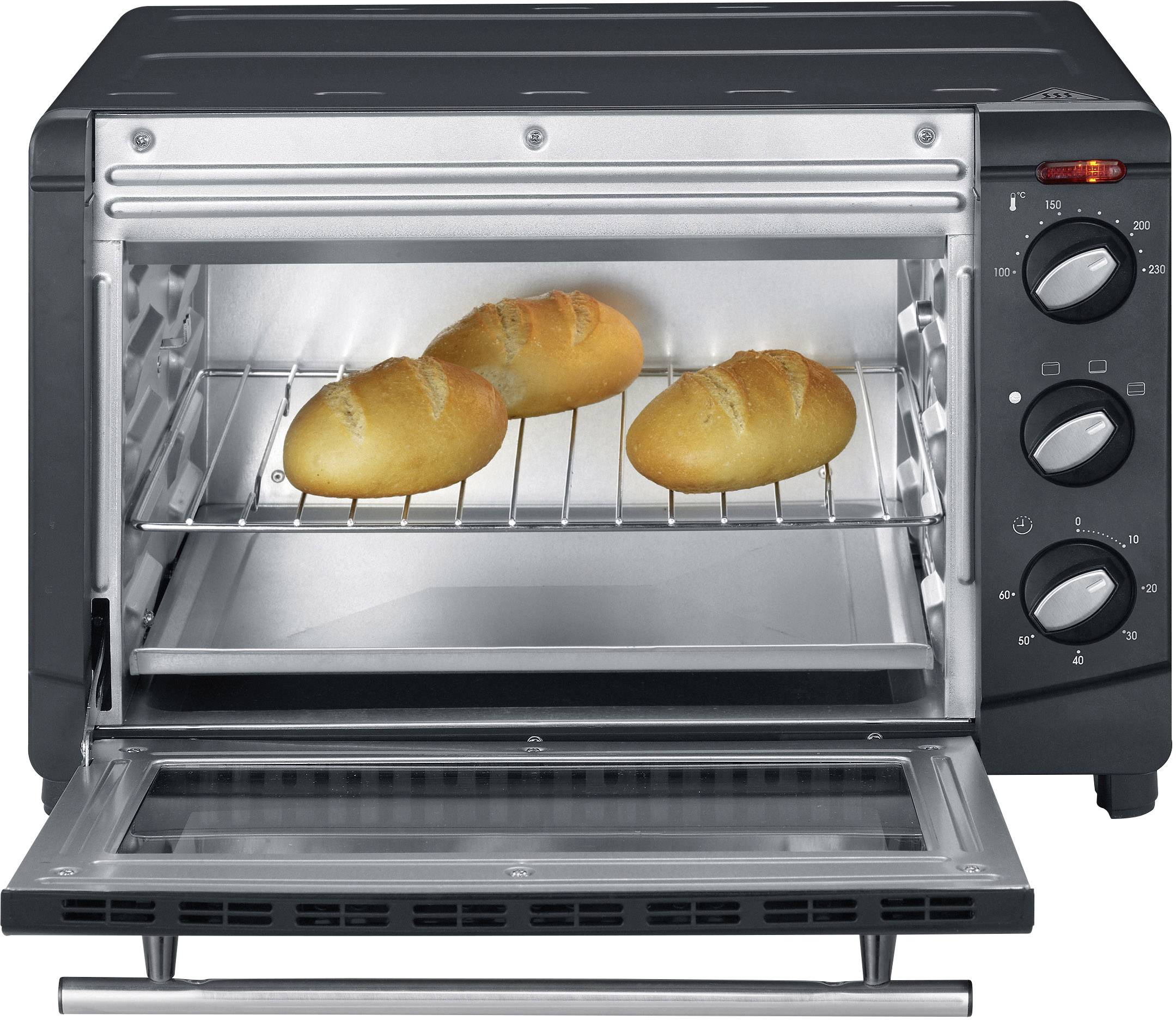 Een oven met drie vers gebakken broodjes op een rooster. De bedieningsknoppen zijn rechts zichtbaar.