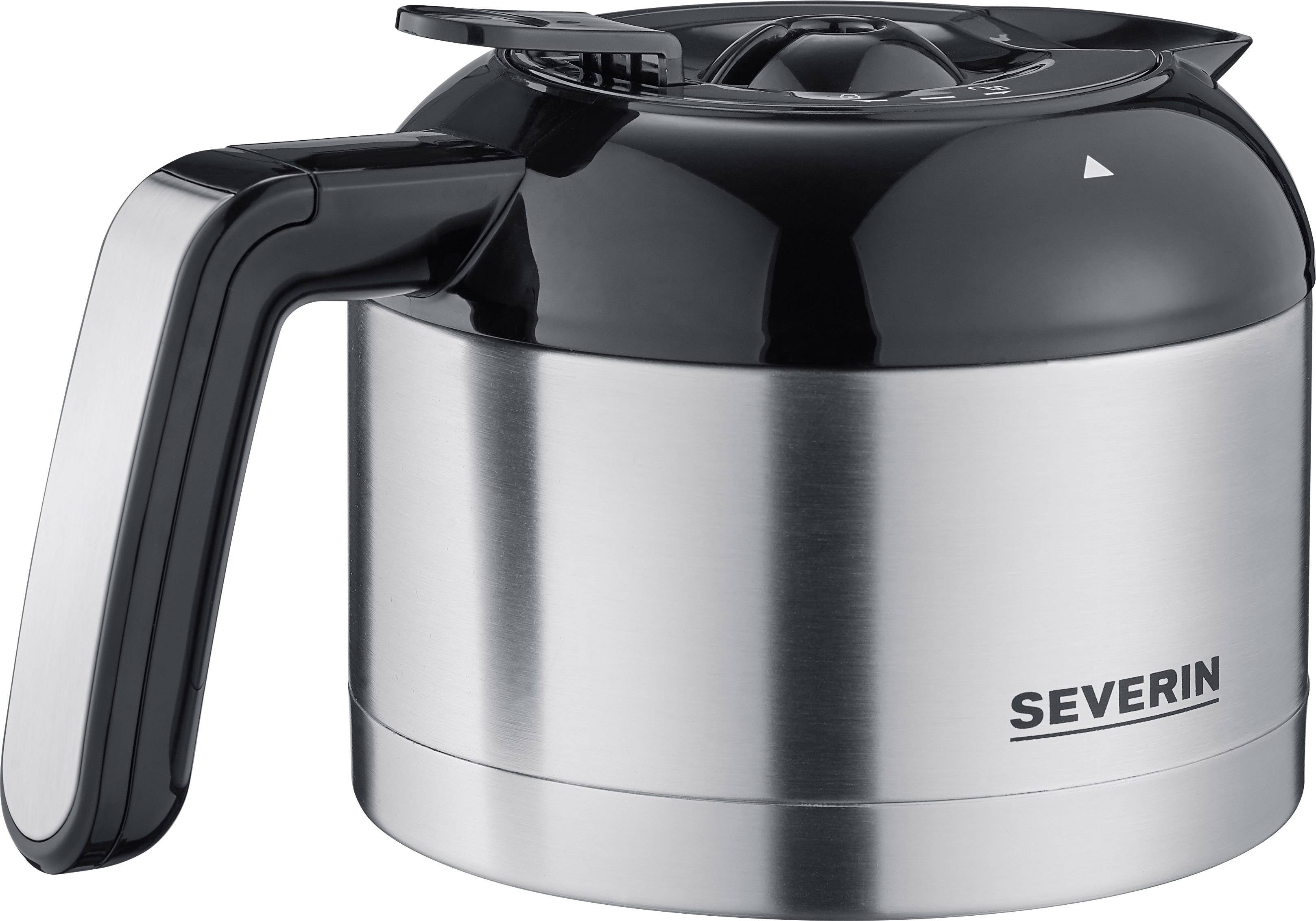 Zilveren thermoskan met zwarte deksel en handvat, merk 'Severin'. Ideaal voor het bewaren en serveren van warme dranken.