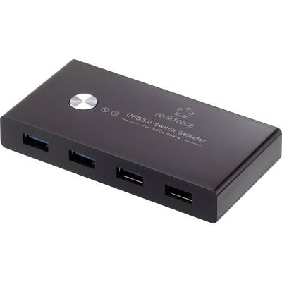 Een zwarte USB 3.0 schakelaar van Renkforce met vier USB-aansluitingen en een toets bovenop. Geschikt voor het verbinden van twee pc's.