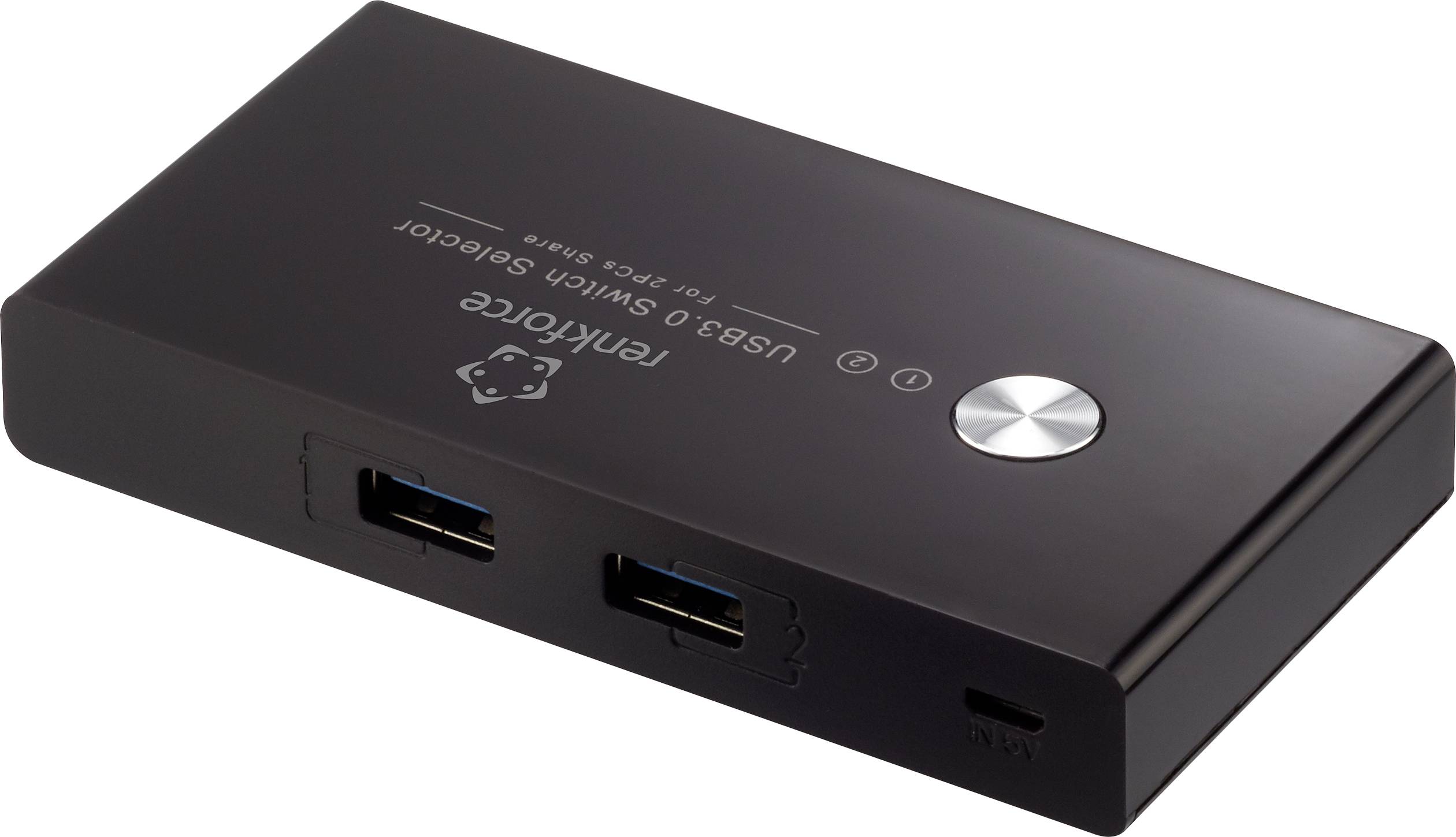 Zwarte USB 3.0-switch met twee aansluitingen en een knop, maakt het mogelijk om te schakelen tussen USB-apparaten voor gegevensoverdracht.