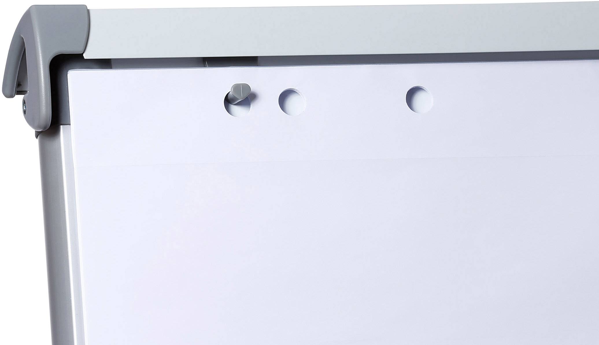 Een uitsnede van de bovenhoek van een leeg whiteboard met een zilveren omlijsting en afgeronde hoeken.